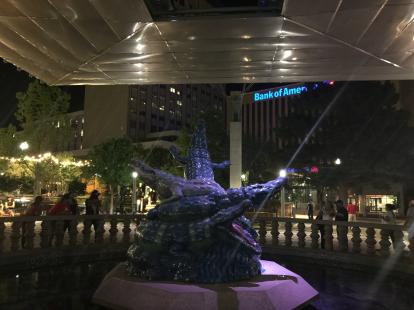 San Jacinto Plaza at night El Paso Alligator sculpture. Well designed plaza with plenty of
