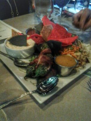 Appetizers at Mesa Street Grill #food jalapenos wrapped in bacon, jumbo shrimp, calamari. 
