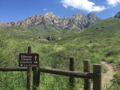 OpenNote: Sign post for La Cueva, Crawford, and Fillmore Canyon