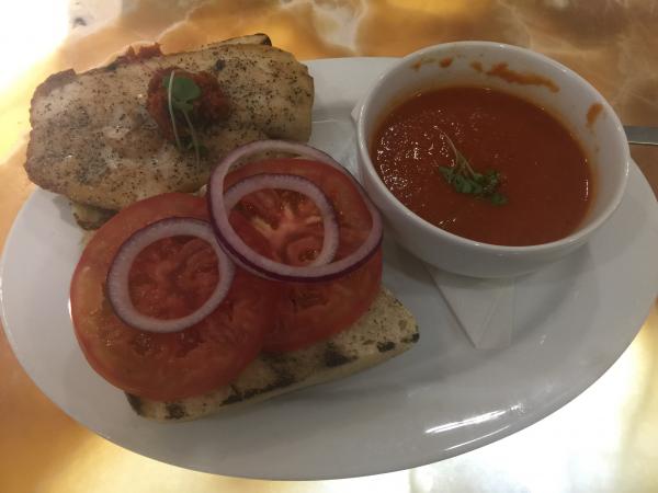 Fish sandwich with tomato soup at Cat Cora's Kitchen Houston Airport $17 #food