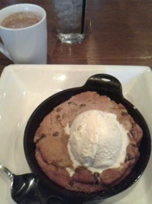 Barely baked cookie with vanilla gelato served in a hot skillet. Appropriately named and e
