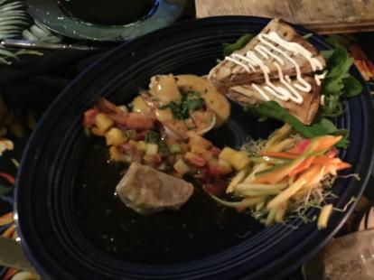 Pork quesadilla, shrimp, and pot sticker appetizer at Bamboo Restaurant #food $11