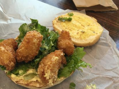 Pine Tree Cafe shrimp burger $5.73  excellent. Four battered shrimp. Crispy. Excellent.