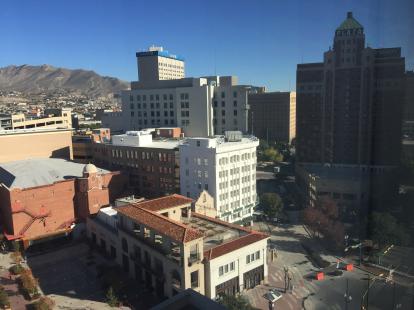 Franklin Mountains, Mills Building, and Plaza Theatre from the Camino Real Hotel in El Pas