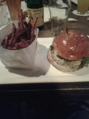 Blue  cheese burger at the Hoppy  Monk.  Excellent at medium well.  Served with crispy swe