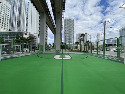 Basketball hoop, soccer net and track at the Underline 2021. Brickell Miami