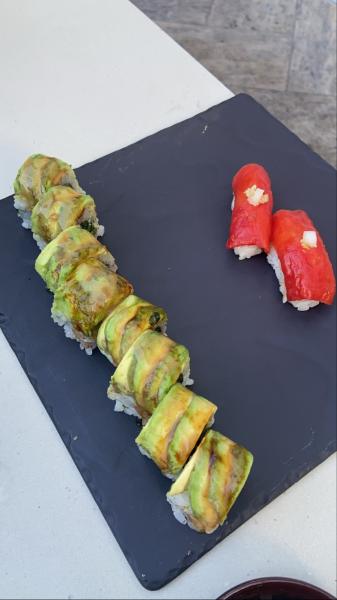 Dragon roll with broccoli and sashimi with watermelon at Planta #food 2022 Miami Beach