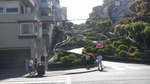 Lombard Street from the base looking up. A winding  one way road downhill in San Francisco