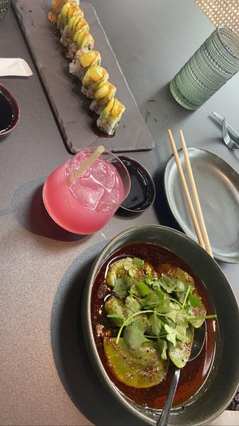 Dragon roll sushi, enter the dragon juice, and steamed dumplings at Planta Miami Beach #fo