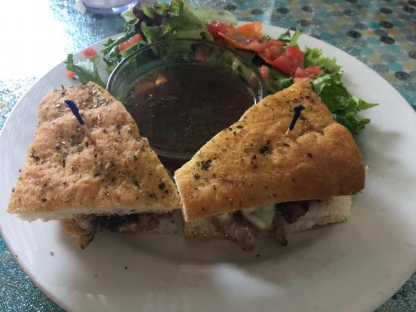Indulgence Cafe and Bakery French dip sandwich $10.50 #food light focaccia bread