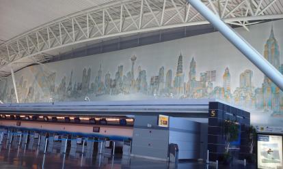 An international skyline mural at JFK terminal 8.