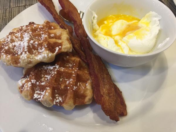 Breakfast combo at Bite of Belgium #food bacon and Belgian waffles