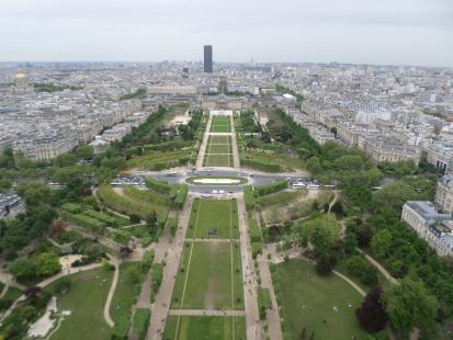 The view from the Eiffel Tower of the Champ de Mar. At the end of the Champ de Mar is the 