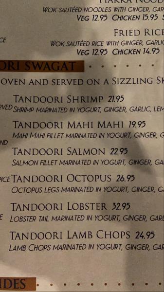 Tandoori menu items at Swagat #food Miami Tandoori Octopus, Tandoori Lobster