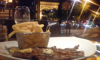 Steak frites from a cafe with outdoor seating north of the Arc de Triomphe. About 17 euros