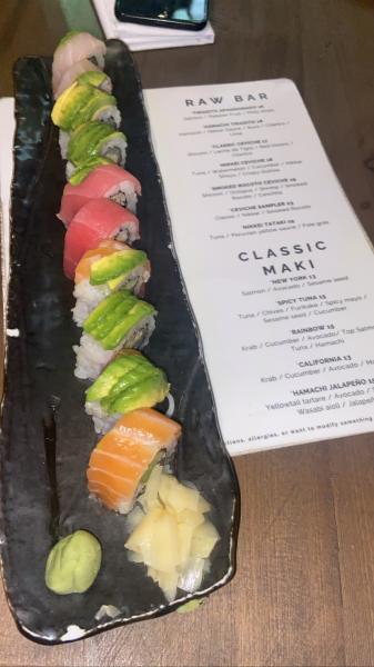 Paperfish rainbow roll sushi with krab cucumber avocado top salmon tuna hamachi #food $15 
