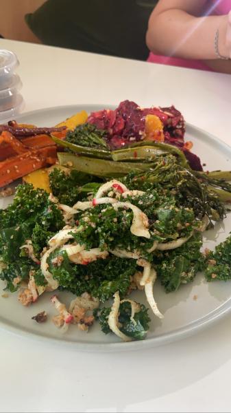 Sour Seed Bagels lunch plate with beets, brocollini, carrots, and kale $16 #food 2022