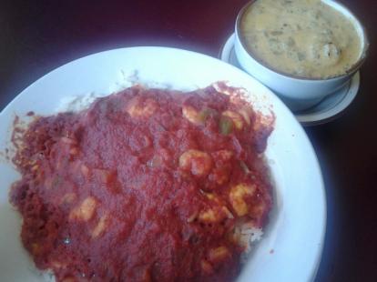 Broussards in Cape Girardeau. Shrimp Creole in the large bowl. Shrimp etouffe in the small