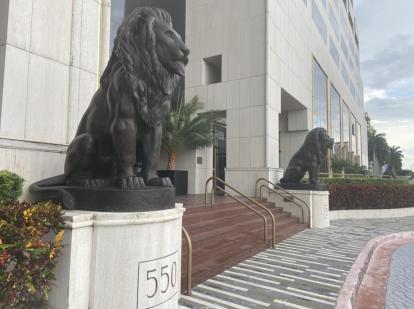 Two lion statues at the entrance 550 Biltmore Miami