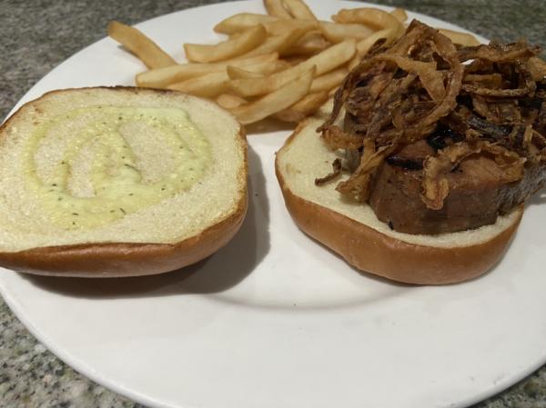 Tuna Burger with fries at Mile Marker 88 $19 #food medium rare was good.