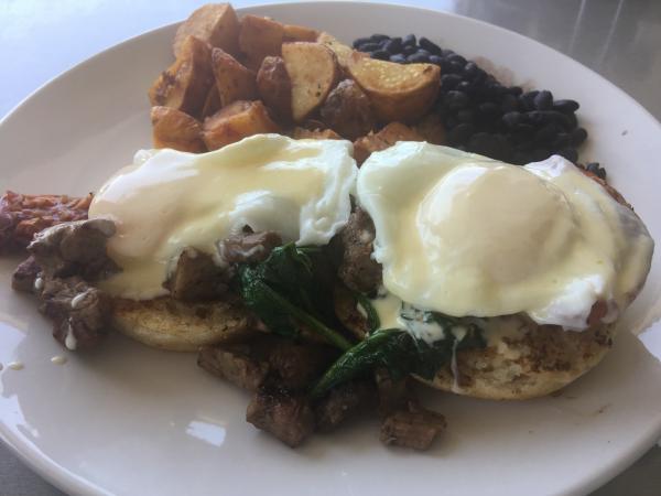 Ripe Cheesy Hash and steak with eggs Benedict #food 2019