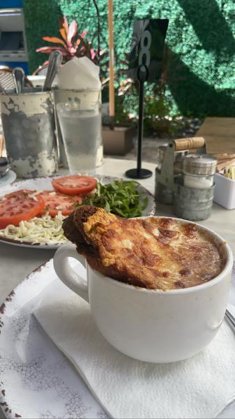 Little Brittany French Onion Soup $8 #food capprese salad with shredded mozzarella 2022