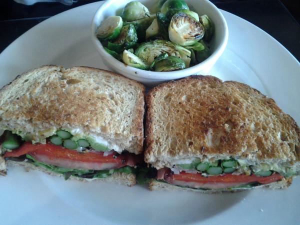 Crave #food veggie sandwich with asparagus. Brussels sprouts on the side $9