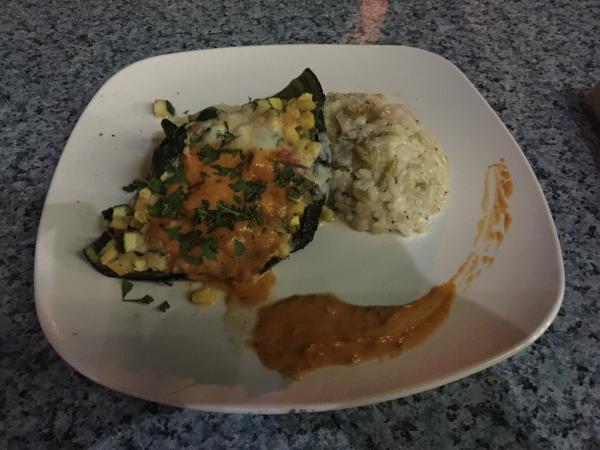 Stuffed poblano at De La Vegas Pecan Grill. #food excellent green chile risotto. Bell pepp
