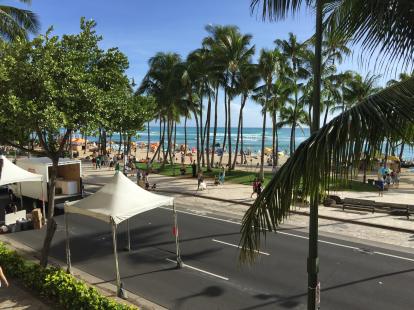 Waikiki beach from the balcony of the Hyatt is across the street. Surf board rentals are h
