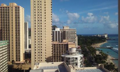 From the balcony of the Hyatt looking at Waikiki Beach in Honolulu, Hawaii.