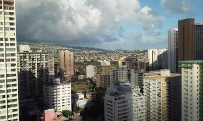 Waikiki looking at the apartment buildings and the mountains. 