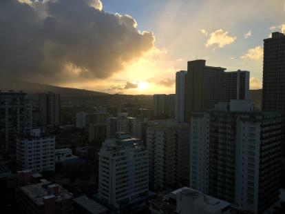 Sunrise over the mountains near Waikiki from the balcony of the Hyatt