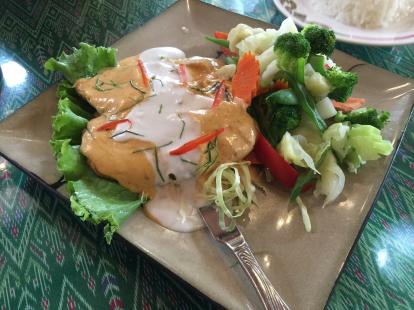 Thai Thai restaurant on the way to the volcano in Hawaii. #food Fried Tilapia with vegetab