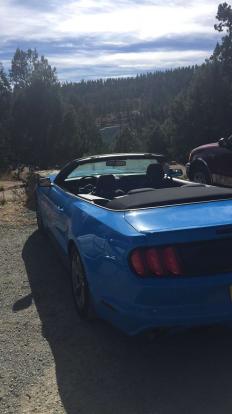 Ford Mustang Convertible. Parking at Grindstone Lake Ruidoso for hiking and mountain bike 