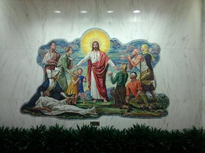 A mural of Jesus in the main lobby of the St. Paul Hospital at UTSW in Dallas.