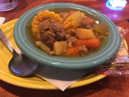 OpenNote: Angry Owl Albomdigas vegetables and meatball soup bowl $4 #food