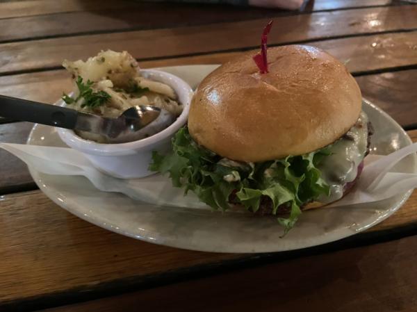 Burger at Flying Saucer #food San Antonio 2019 with German potato salad